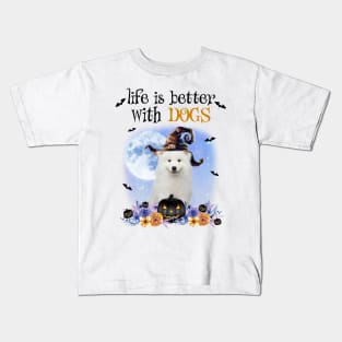 Samoyed Witch Hat Life Is Better With Dogs Halloween Kids T-Shirt